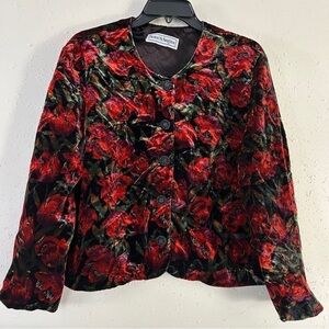 🦋 Vintage Norton McNaughton Red Floral Black Velvet Jacket Medium